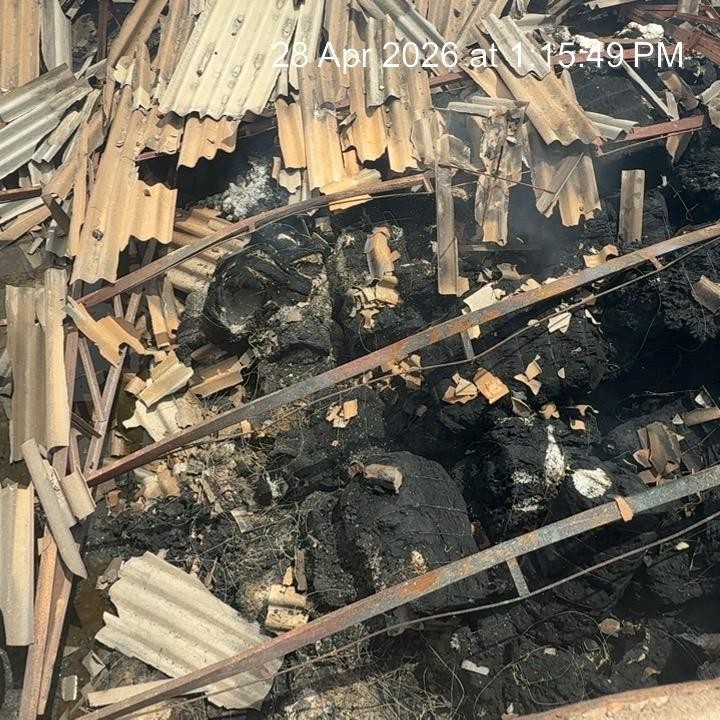 fire-affected-cotton-waste-polyester-allied-raw-material-plant-machinery-building-shed-scrap-materia